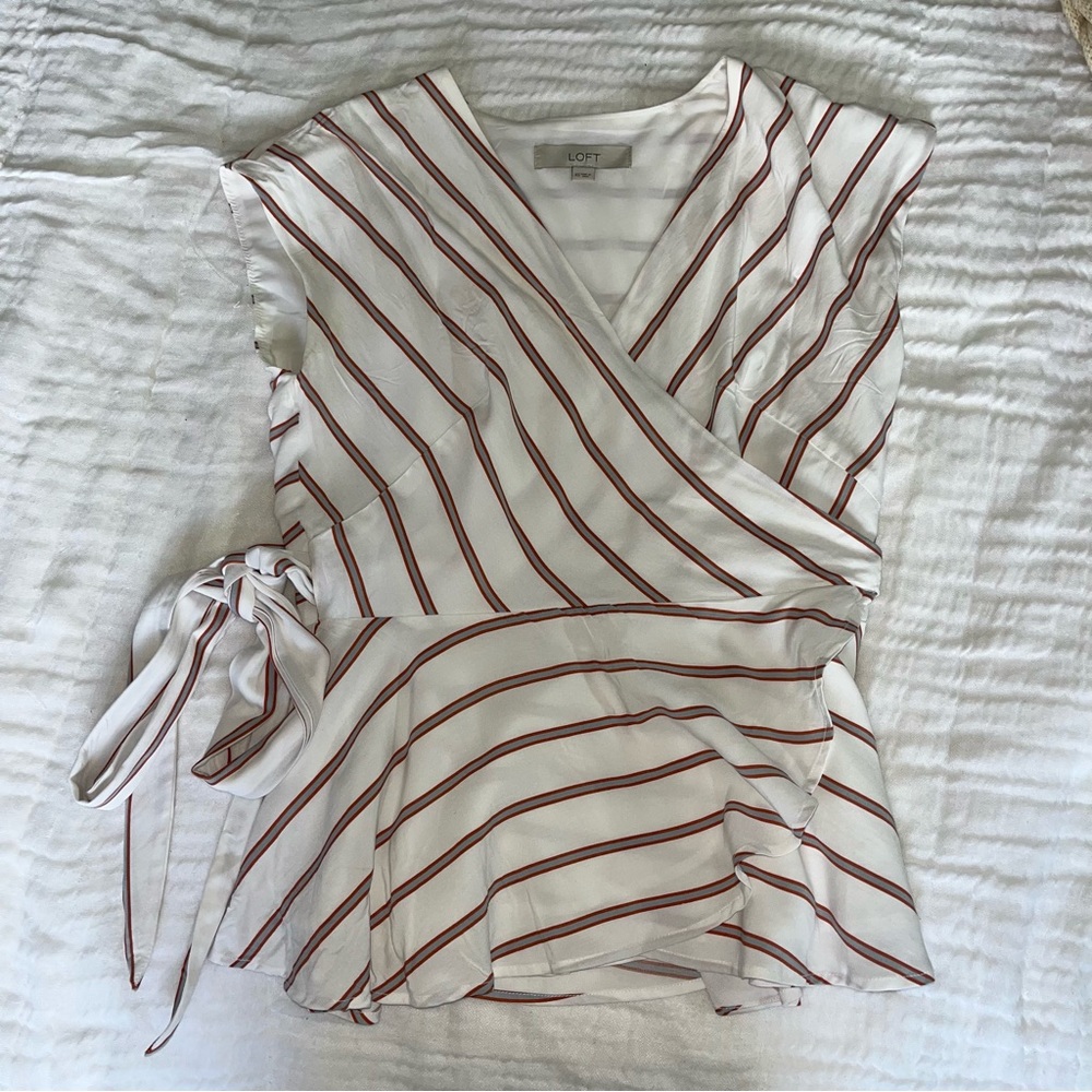 LOFT White Striped Wrap Blouse